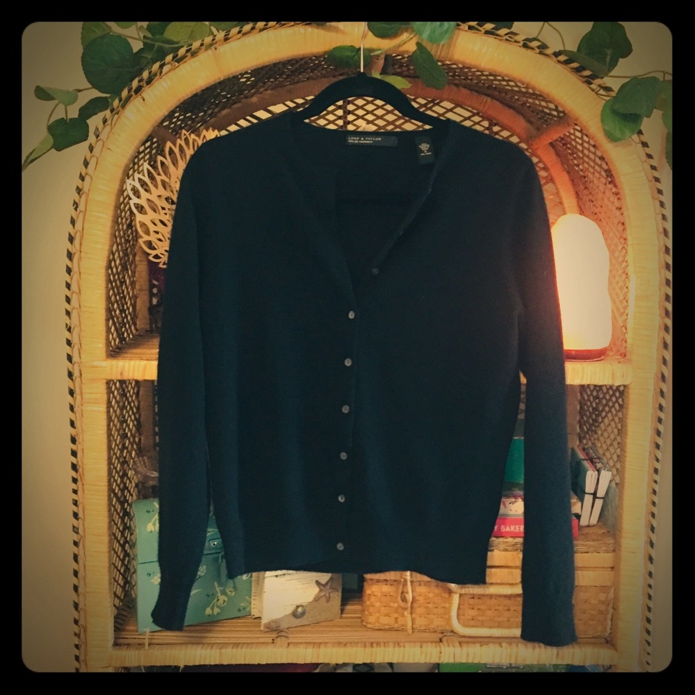 Lord and Taylor black cashmere cardigan .